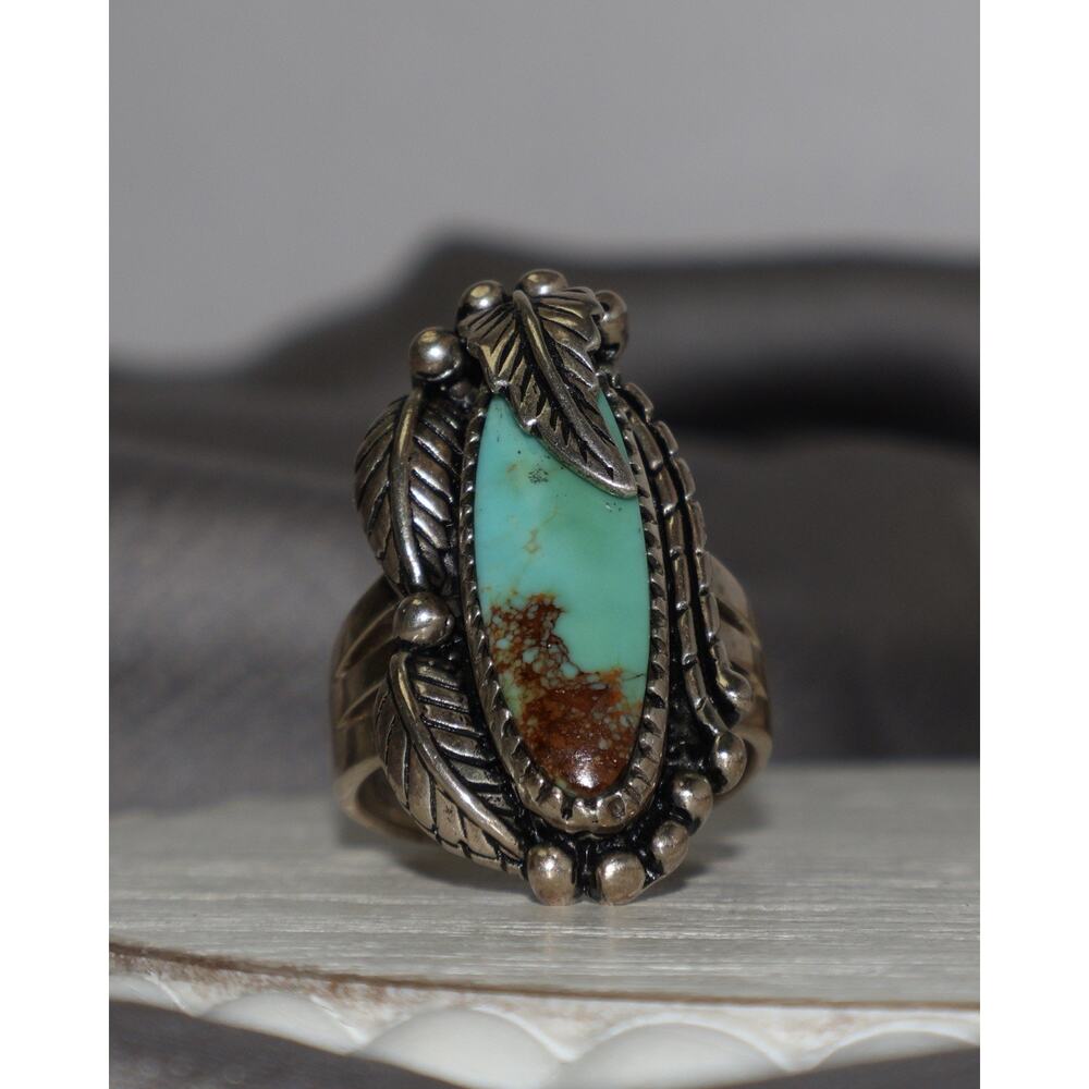 Vintage Carol Felley Sterling Silver Turquoise Leaf Ring 13.7G / Sz 7